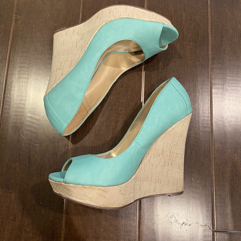 Aqua peep toe wedge
